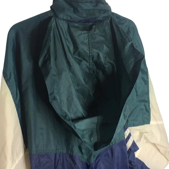 Bike Athletic Jacket Mens Large Green Navy Colorblock Windbreaker Stowaway Hood - Picture 11 of 15